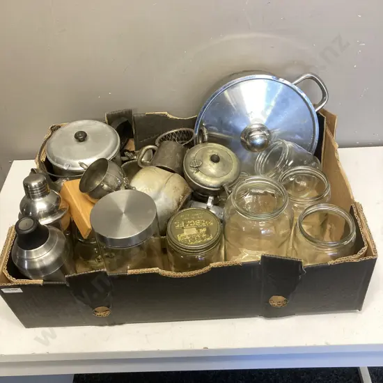 Box Lot Silverware, Glass Jars Etc